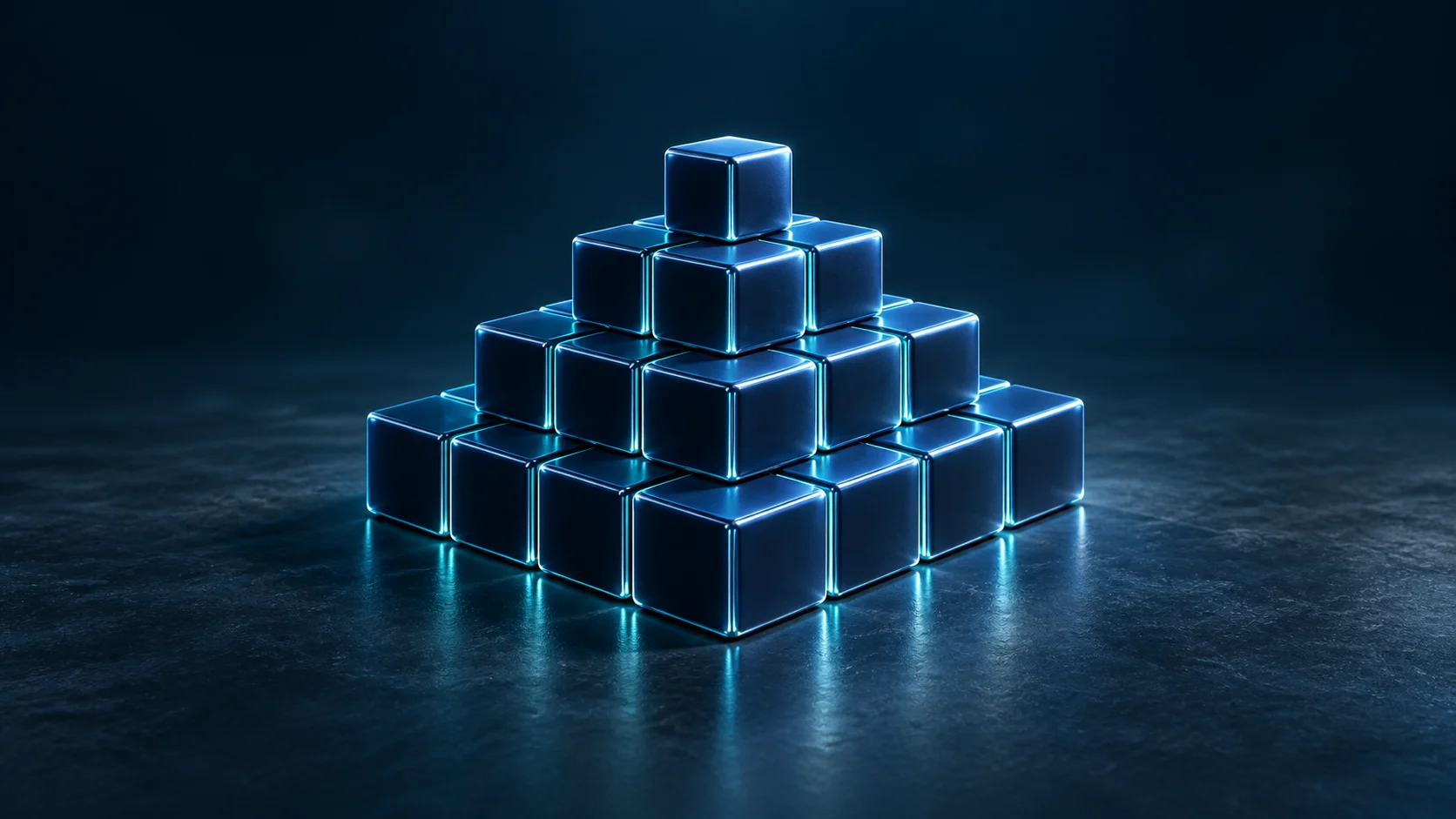 Illuminated blue blocks forming the QuibbleFlow pyramid